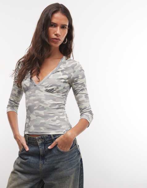 COLLUSION deep v 3/4 sleeve top in camo print - view 1