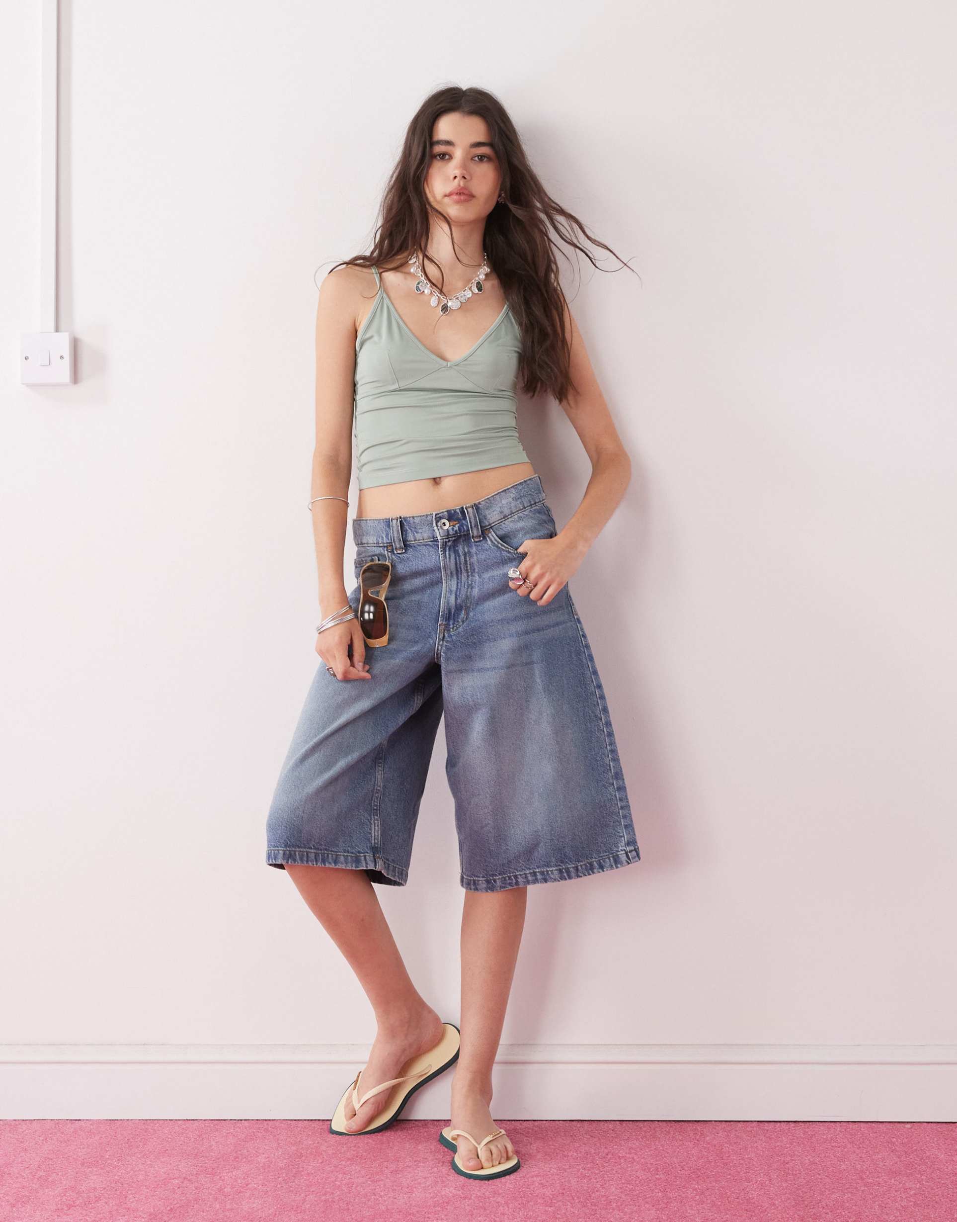 collusion deep v cami top in khaki green