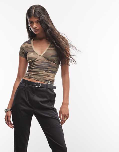 COLLUSION deep v fitted top in camo - view 1