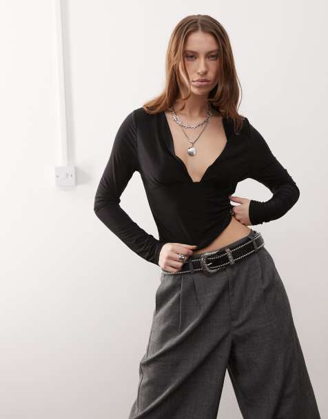 COLLUSION deep v long sleeve second skin top black - view 1