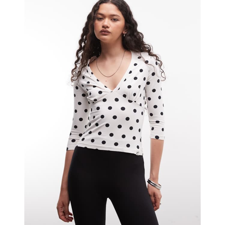 COLLUSION deep v-neck 3/4 sleeve top in polka dots | ASOS