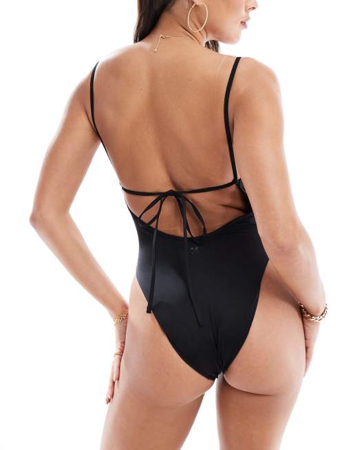 COLLUSION deep V neck plunge swimsuit in black