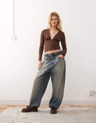 Collusion Deep V Slinky Long Sleeve Top In Brown