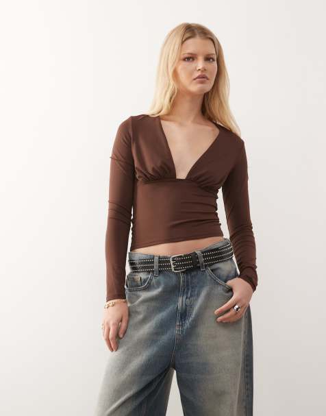 COLLUSION deep v slinky long sleeve top in chocolate - view 1