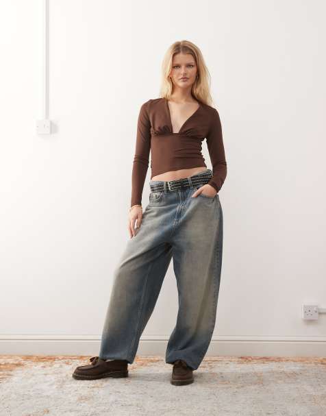 COLLUSION deep v slinky long sleeve top in chocolate