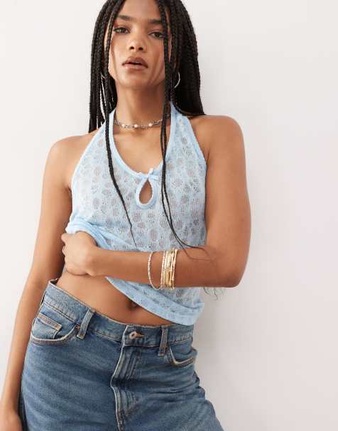 COLLUSION delicate lace halter top in baby blue - view 1