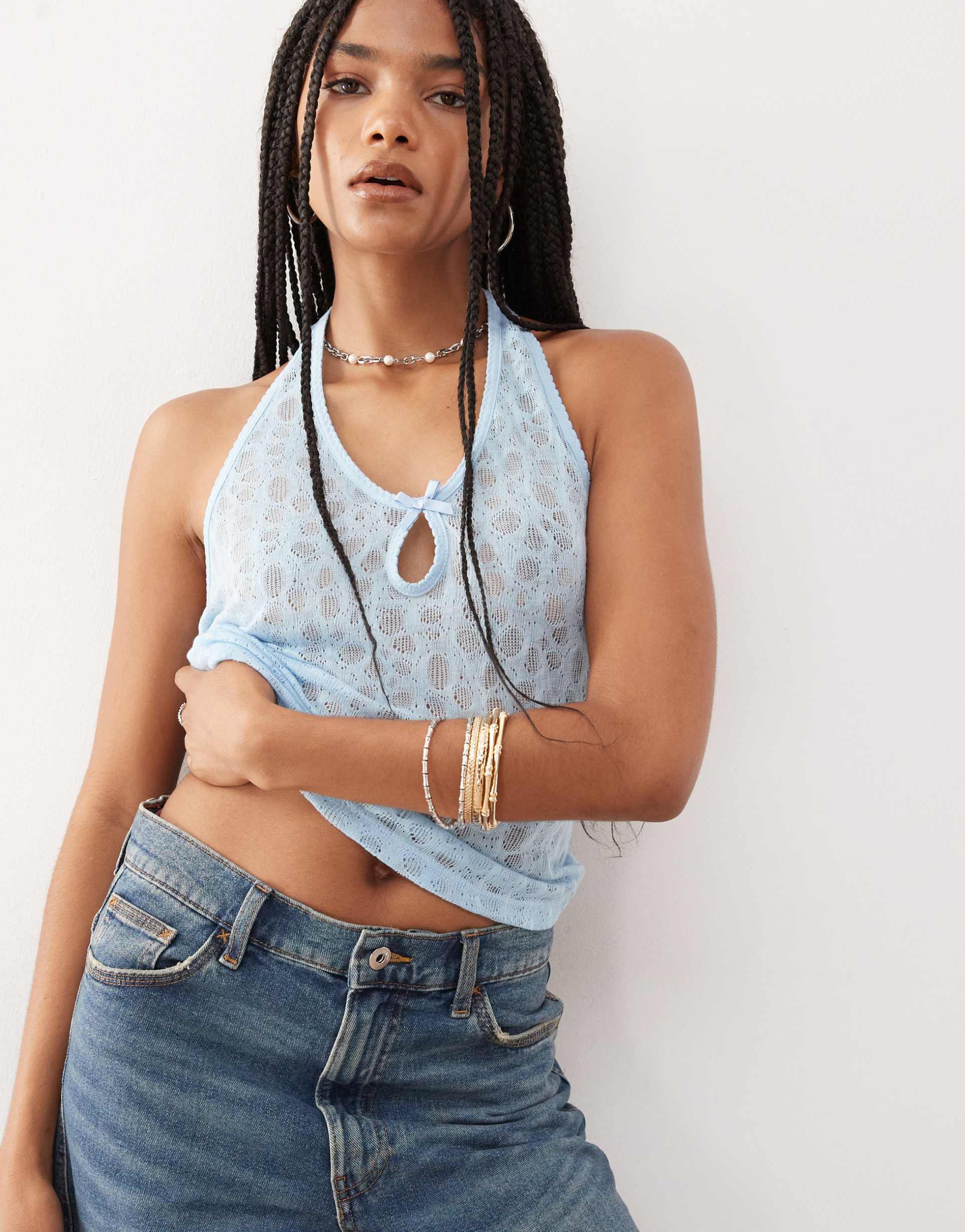 collusion delicate lace halter top in baby blue