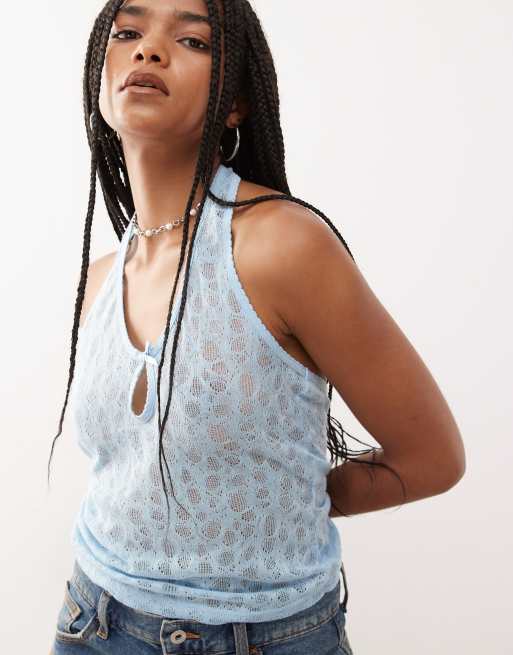 COLLUSION delicate lace halter top in baby blue, 3 of 4