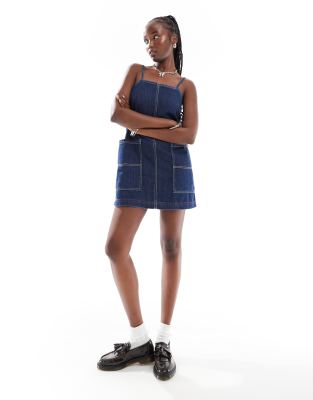 denim a line cami dress with contrast stitch in rinsewash-Blue