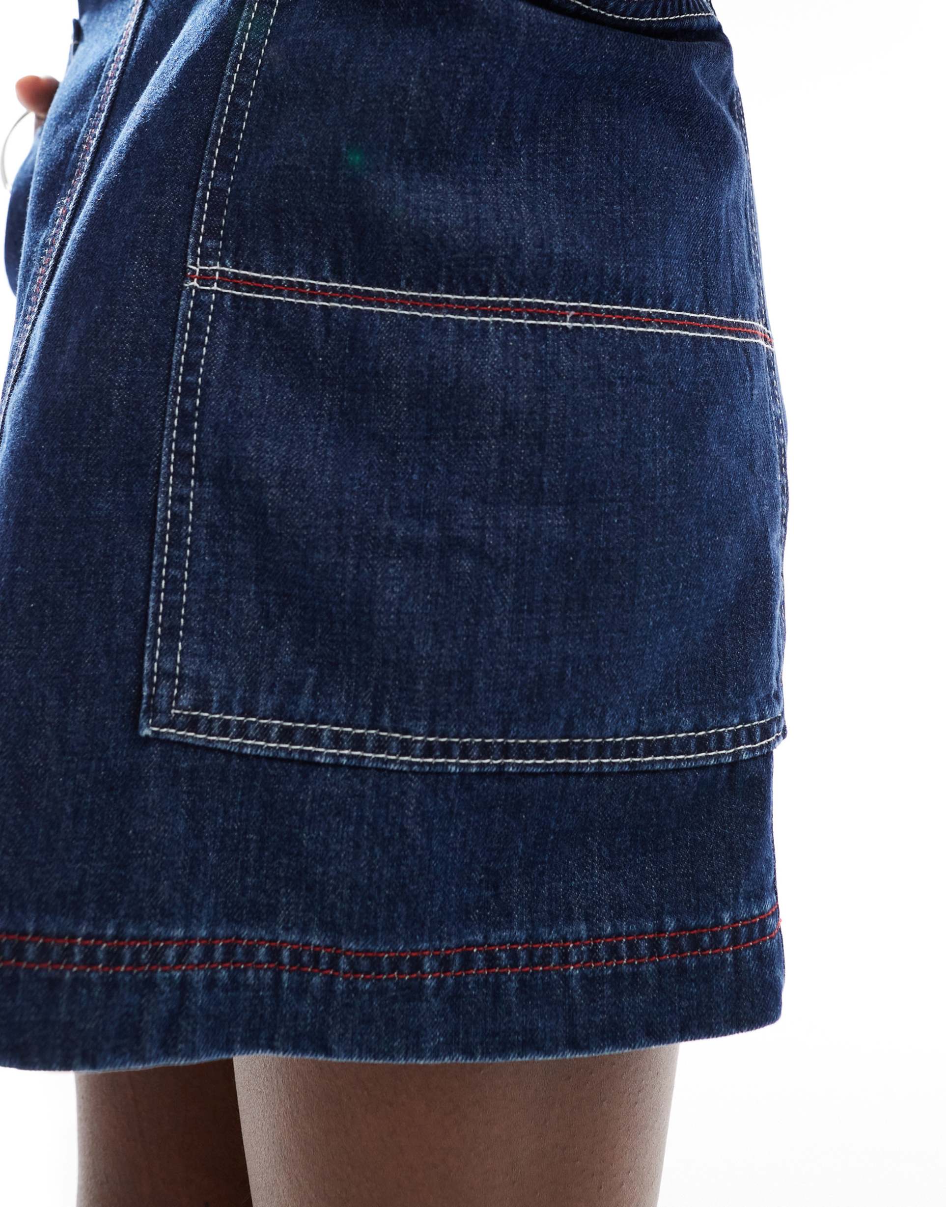 collusion denim a line cami dress with contrast stitch in rinsewash