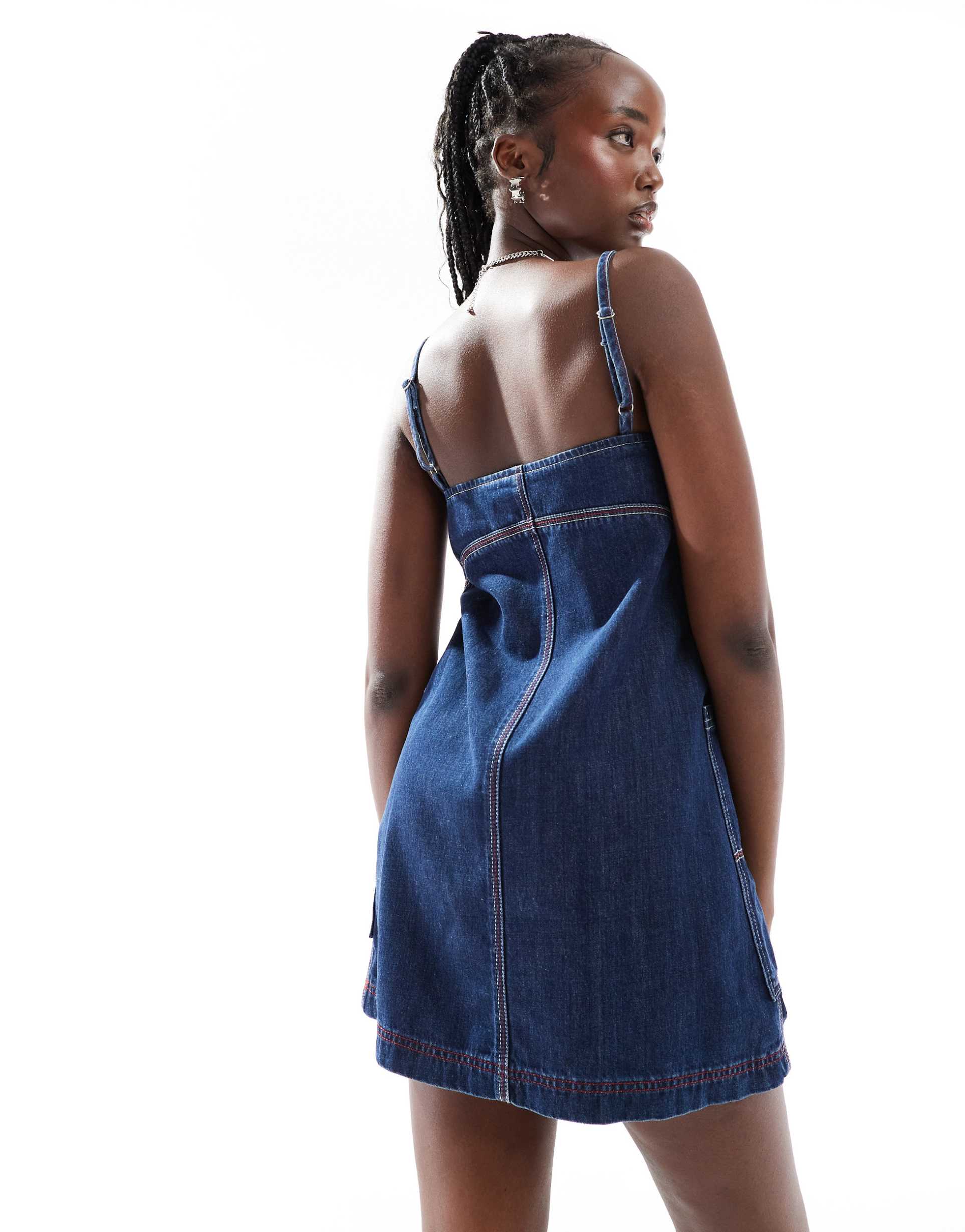collusion denim a line cami dress with contrast stitch in rinsewash