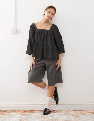Collusion Denim Balloon Sleeve Peplum Top In Rinse Wash-blue