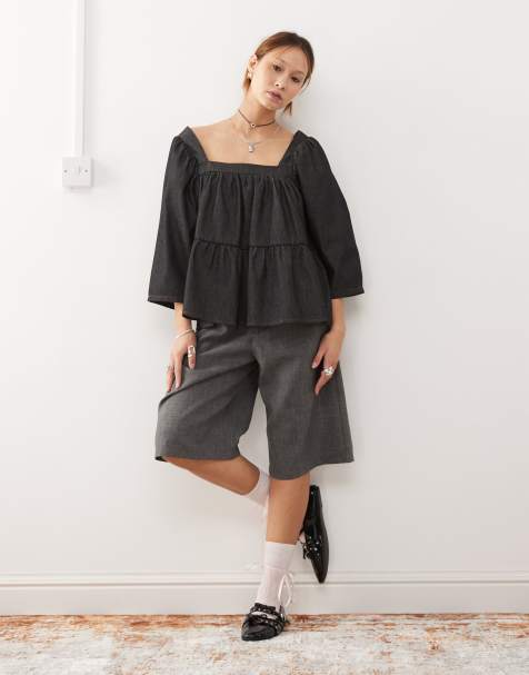 COLLUSION denim balloon sleeve peplum top in rinse wash - view 1