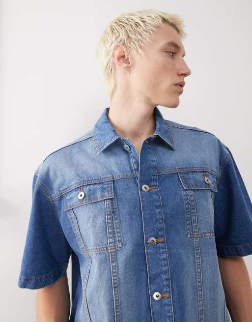 COLLUSION denim boxy shirt in mid wash