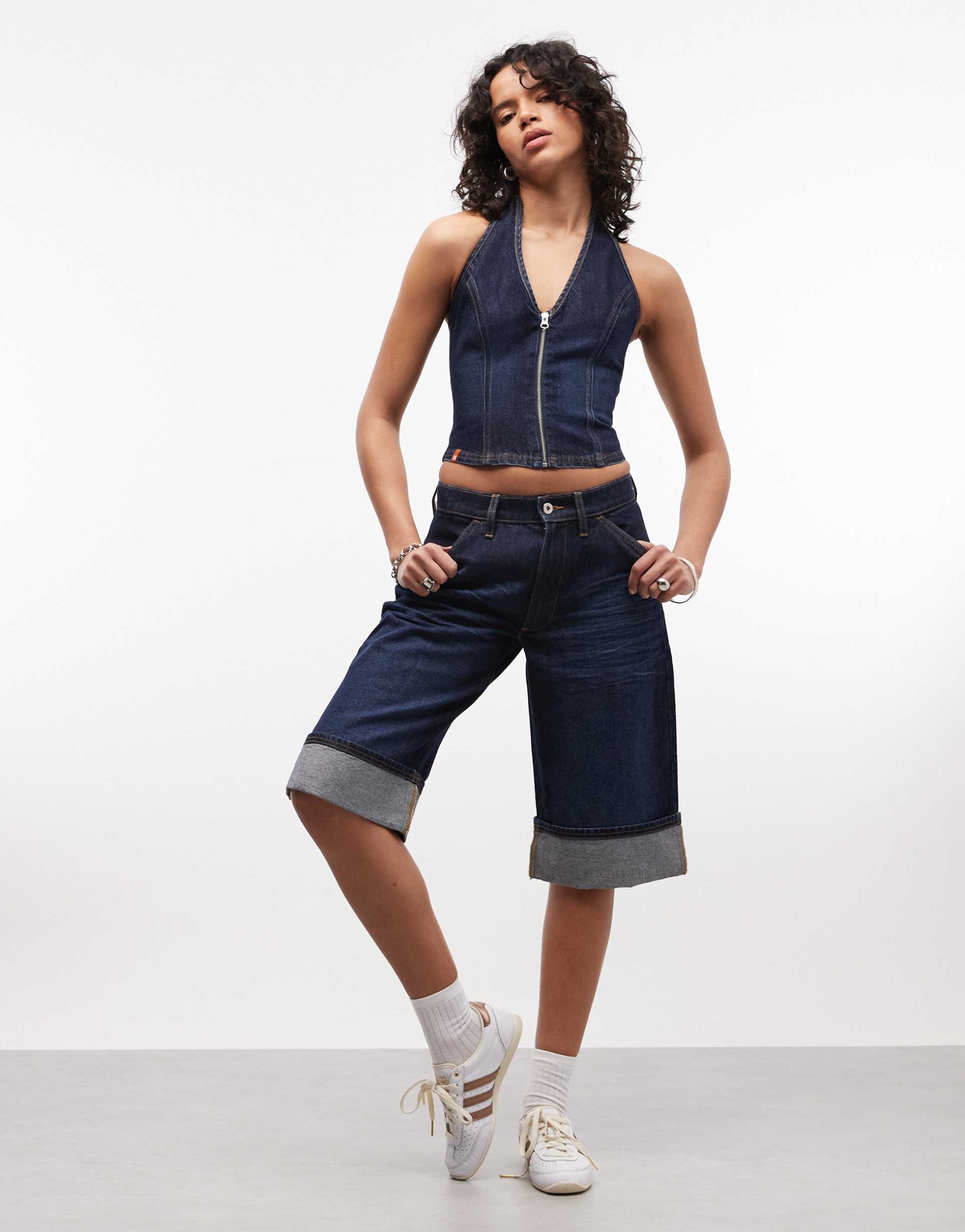 collusion denim capri pants with cuffs in rinsewash - part of a set