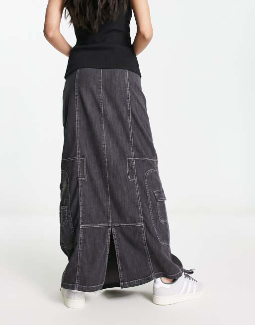 COLLUSION denim contrast stitch maxi skirt in grey, 3 of 4