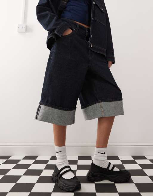 COLLUSION - Denim culotte met omslag in rinse wash, 3 van 5