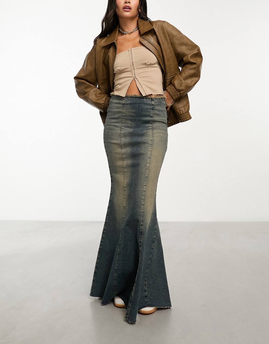 denim fishtail maxi skirt in dirty wash-Blue
