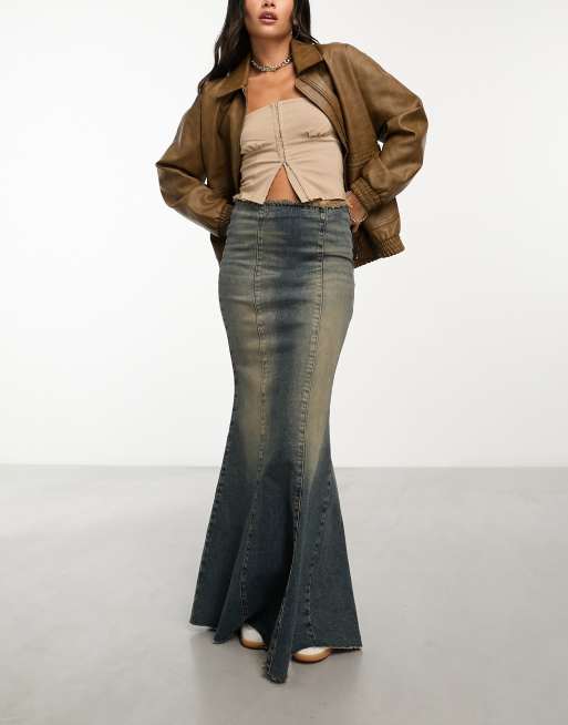 COLLUSION denim fishtail maxi skirt in dirty wash