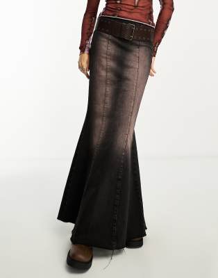 Collusion Denim Fishtail Maxi Skirt In Pink Wash-black