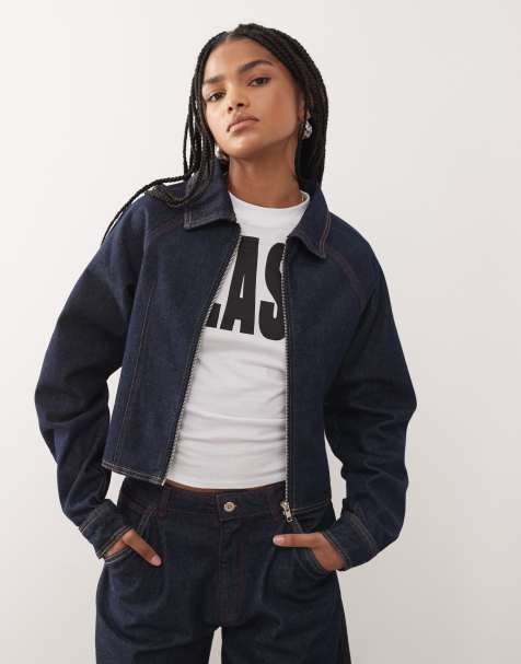 COLLUSION Denim fitted jacket with cinch back in rinse with pink and orange stitching