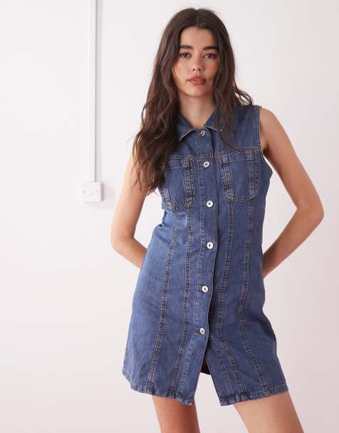 COLLUSION denim fitted mini shirt dress in mid wash - view 1