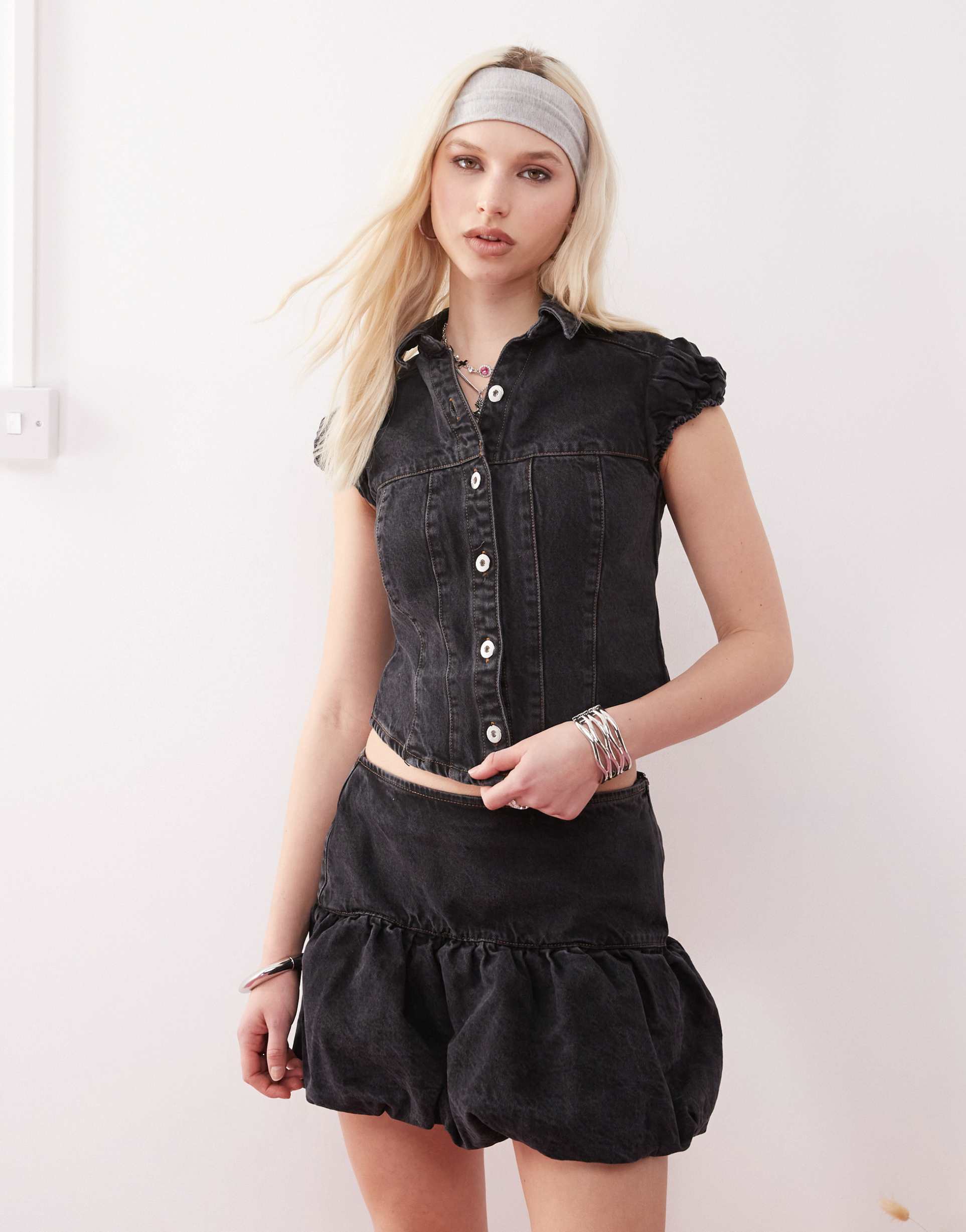 collusion denim fitted shirt in black - part of a set