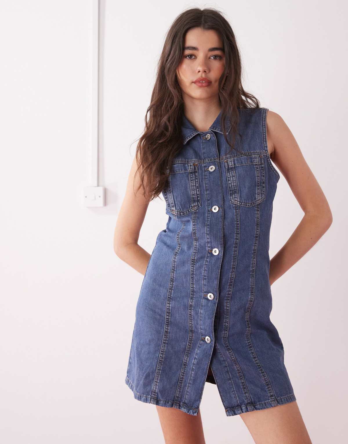 COLLUSION denim fitted shirt mini dress in mid wash