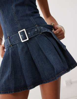 COLLUSION denim halter mini dress with belt in blue