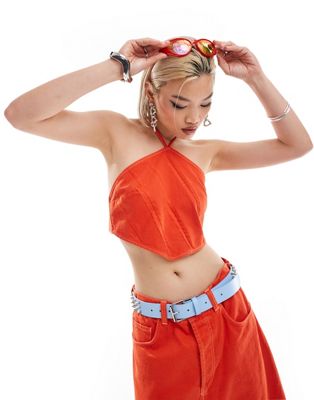 denim halter top with contrast stitch in orange - part of a set
