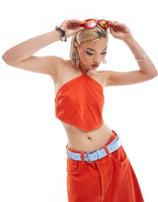 denim halter top with contrast stitch in orange - part of a set