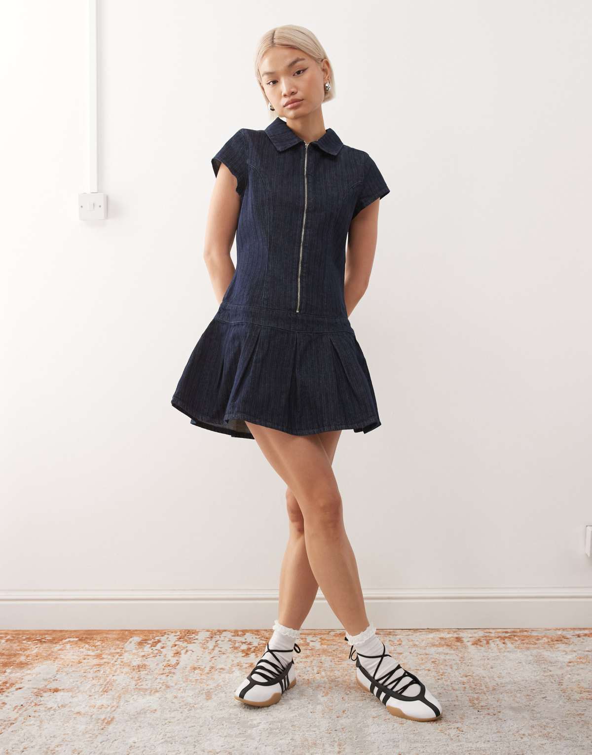 COLLUSION denim kilt dress in laser stripe