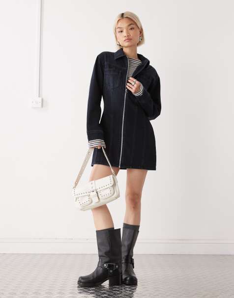 COLLUSION denim long sleeve shirt dress in dark blue - view 1