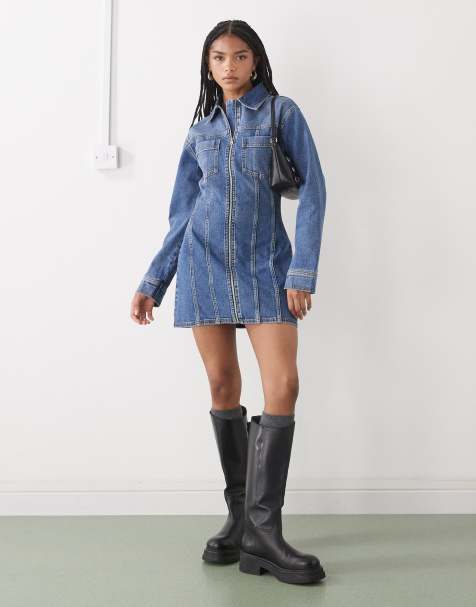 COLLUSION denim long sleeve shirt dress in mid blue - view 1