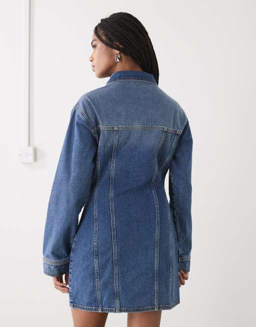 COLLUSION denim long sleeve shirt dress in mid blue, 2 of 4
