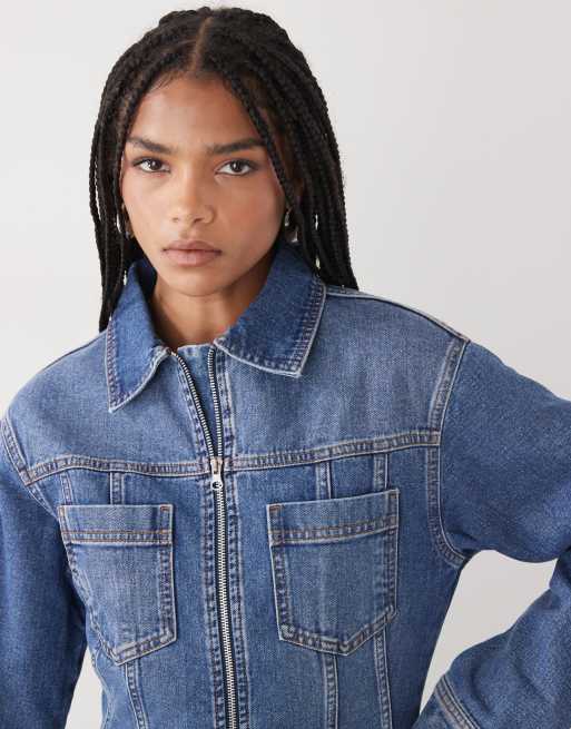 COLLUSION denim long sleeve shirt dress in mid blue, 3 of 4