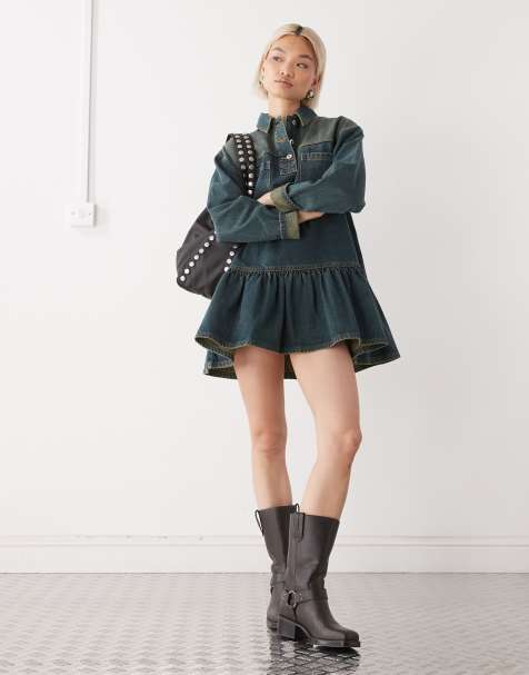 COLLUSION denim long sleeve smock dress in green wash - view 1