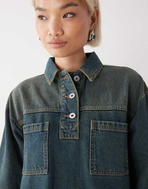 COLLUSION denim long sleeve smock dress in green wash