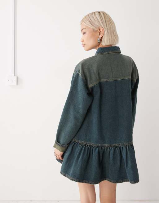 COLLUSION denim long sleeve smock dress in green wash