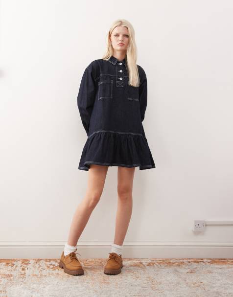 COLLUSION denim long sleeve smock mini dress in rinse - view 1