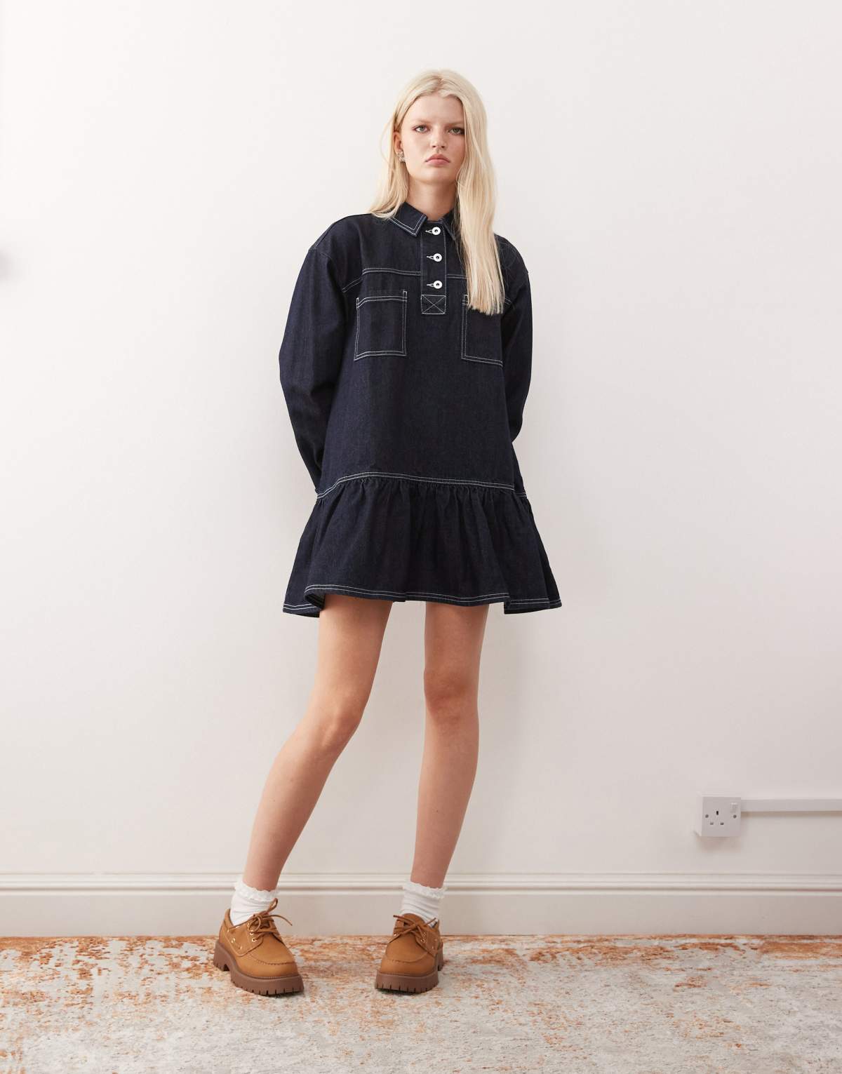 COLLUSION denim long sleeve smock mini dress in rinse