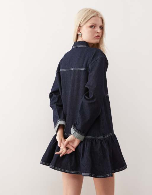 COLLUSION denim long sleeve smock mini dress in rinse, 4 of 4