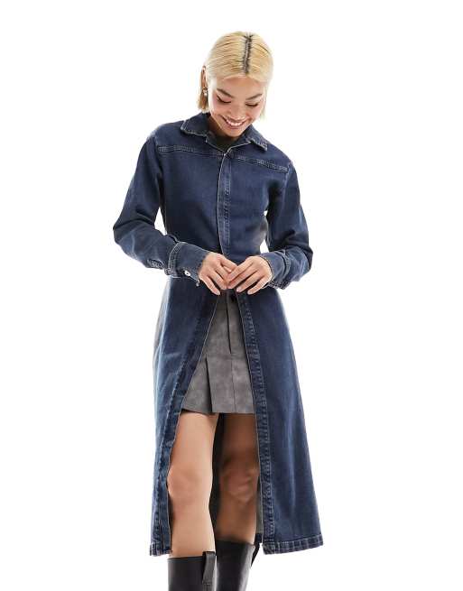 COLLUSION denim maxi washed trench in blue ASOS