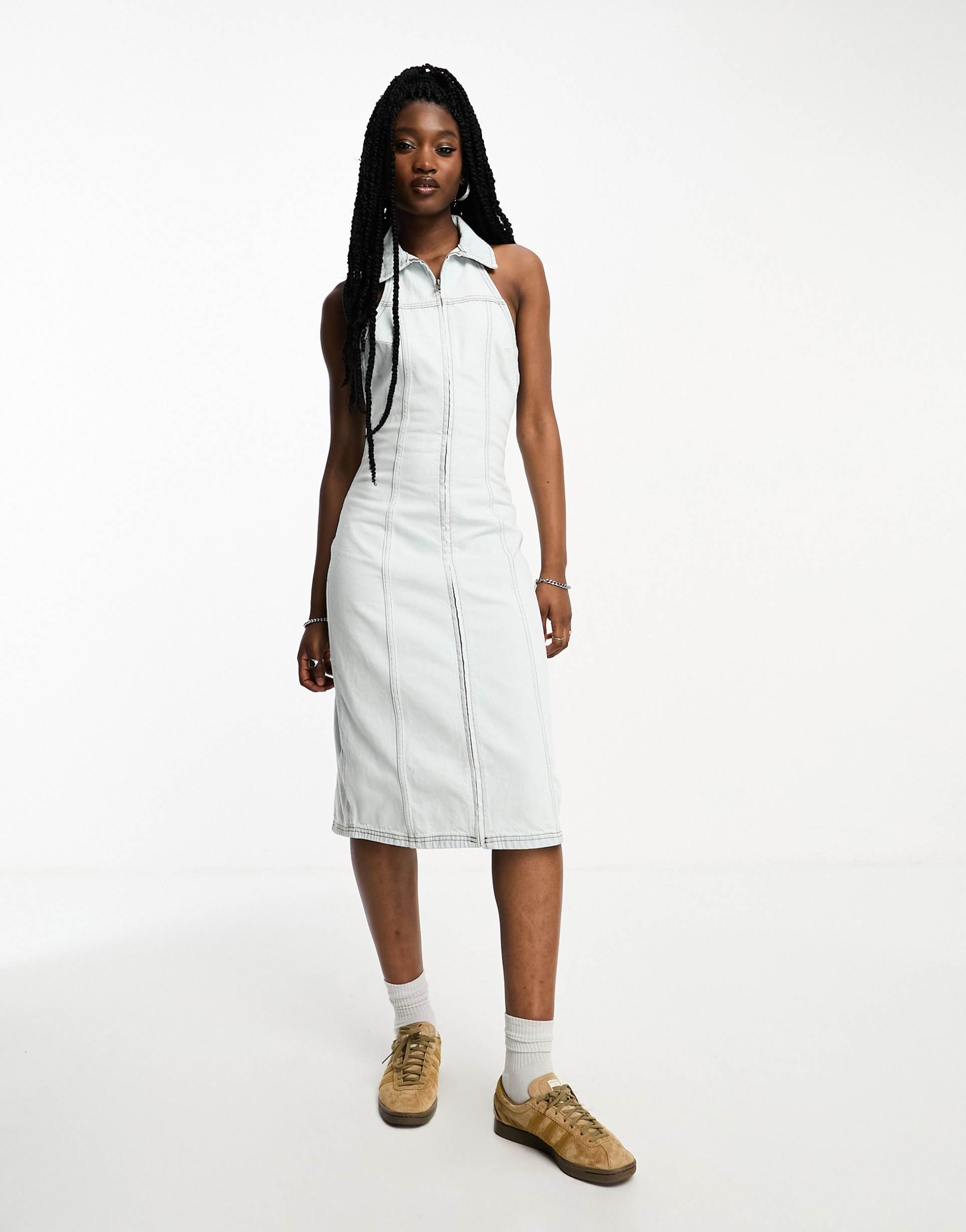 collusion denim midi halterneck dress in bleach blue