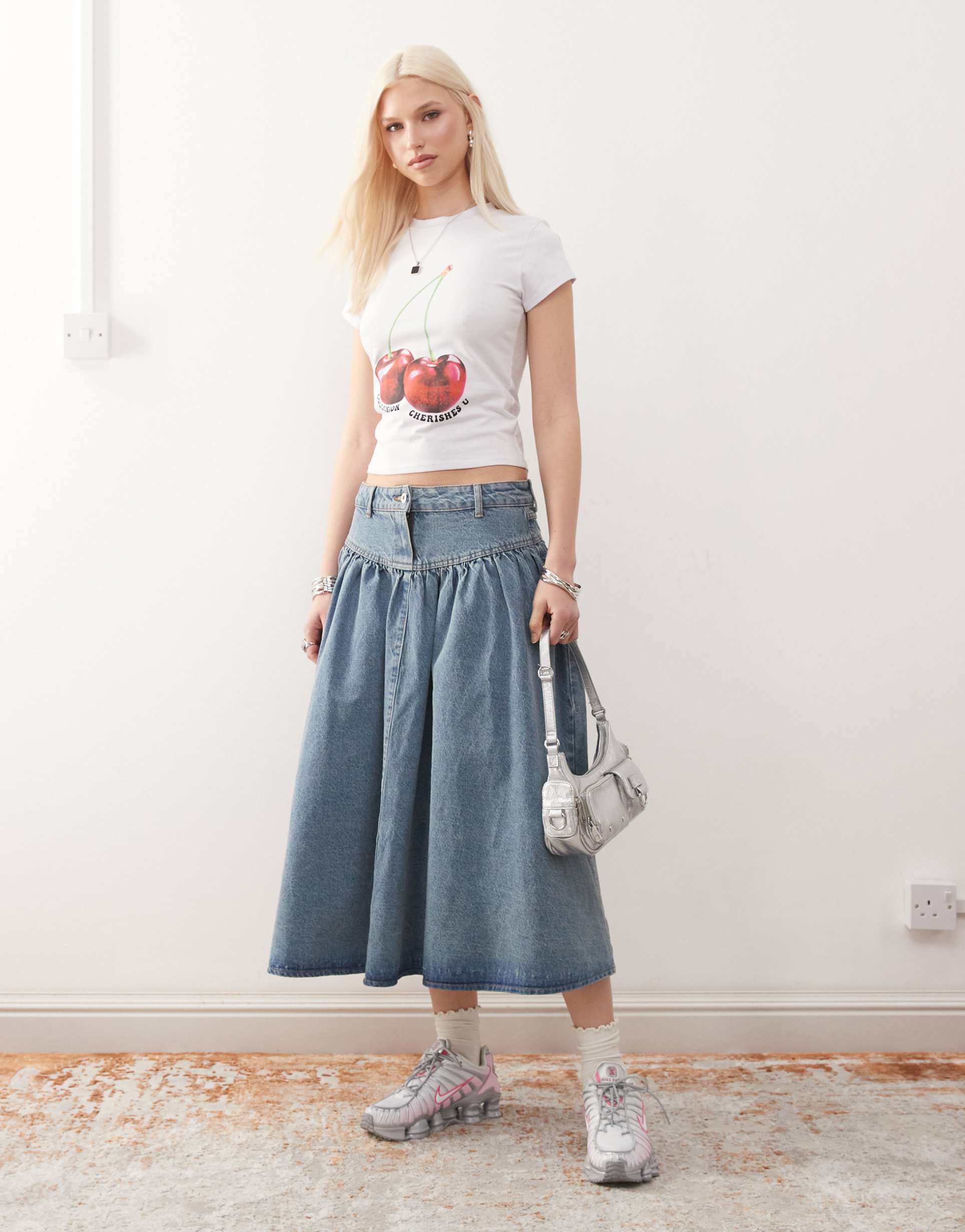 collusion denim midi skirt in mid wash
