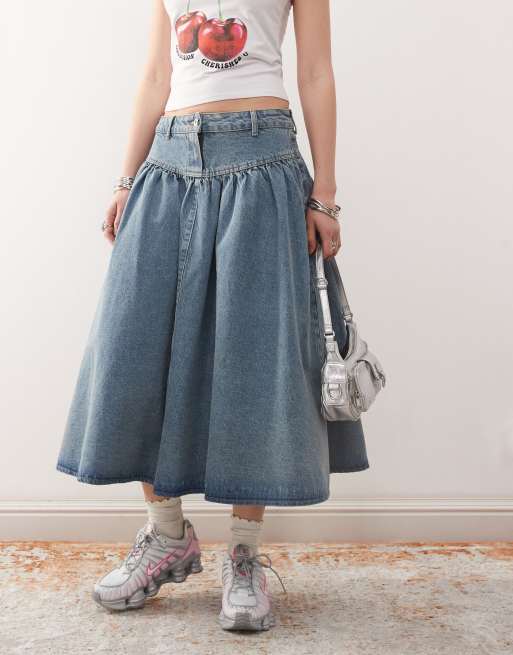 COLLUSION - Denim midi rok in mid-wash