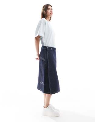denim midi wrap skirt in raw denim-Blue