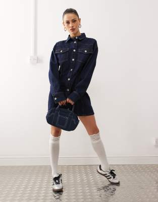 COLLUSION denim mini shirt dress in rinse wash - view 1