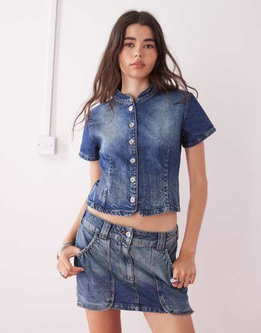 COLLUSION denim mini skirt with pocket details in vintage wash