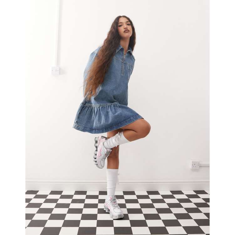 COLLUSION denim mini smock dress in midwash